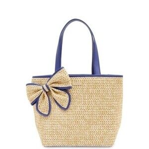 Kate Spade Large Belle Place Straw Bag with Blue Leather Trim Pool Vacation ***